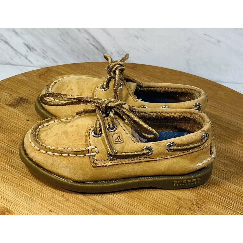 Sperry VTG Slip On Leather Boat Deck Shoes Tie Loafer Boys US 8.5M Brown Tan